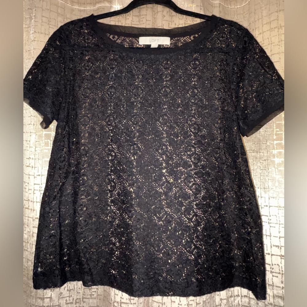 LOFT Black Lace Short Sleeve Top (Size M)